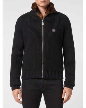 Philipp Plein Shearling Wool Cardigan - Black