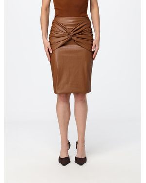 Elisabetta Franchi Draped Synthetic Leather Midi Pencil Skirt With Slim Fit - Brown