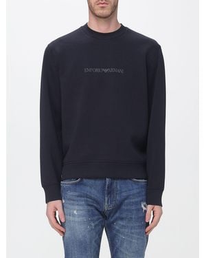 Emporio Armani Crewneck Cotton Jumper With Contrast Monogram Logo - Blue