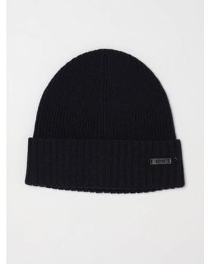 BOSS Ribbed Pure Wool Beanie Hat With Turn-Up Cuff And Metal Logo - Blue