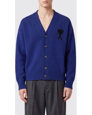 Ami Paris V-Neck Wool Cardigan With Contrast Logo - Blue