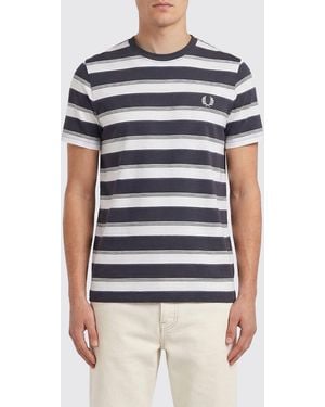 Fred Perry Striped Cotton T-Shirt With Logo - Blue