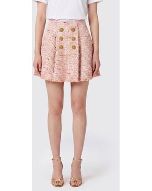 Balmain High-Waisted Tweed Mini Skirt With Abstract Pattern And Frayed Hem - Pink