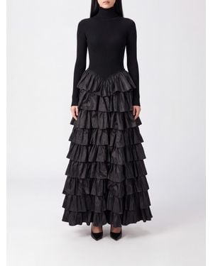 Elisabetta Franchi Long Knit Evening Gown With Turtleneck And Ruffles - Blue