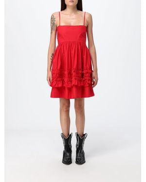 Ganni Cotton Poplin Mini Dress With Rouches And A Square Neckline - Red