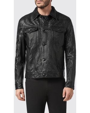 Billionaire Snakeskin Leather Shirt Jacket With Applied Patch Pockets - Black