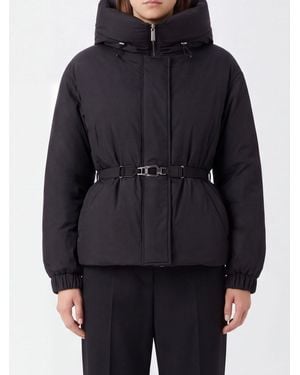 Moorer Glarea Short Down Jacket With Hood, Funnel Neck And Belted Waist - Blue