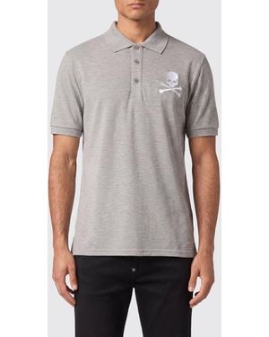 Philipp Plein Skull Print Short-Sleeved Cotton Polo Shirt With French Collar - Grey