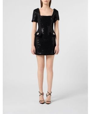 Philipp Plein Crystal And Sequin Embellished Tweed Mini Dress - Black