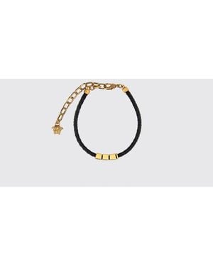 Versace Greca Braided Leather And Brass Bracelet - Black