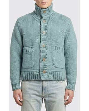 Junya Watanabe Wool And Cotton Blend Cardigan With Jacquard Pattern And Turtleneck - Blue