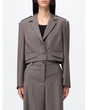 Pinko Cropped Single-Breasted Houndstooth Wool Blend Blazer - Gray