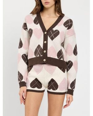 Twinset Heart Print Wool And Silk Blend Cardigan - Natural