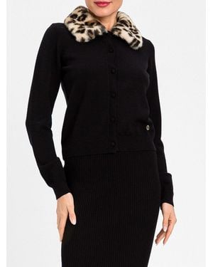 Twinset Viscose Blend Cardigan With Faux Fur Collar - Black
