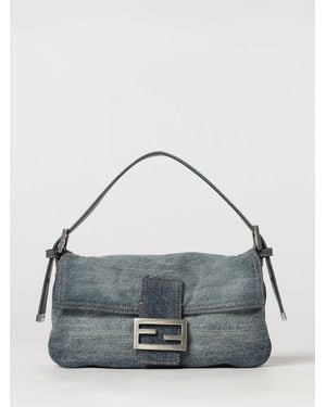Fendi Baguette Cotton Denim Shoulder Bag With Ff Monogram - Grey