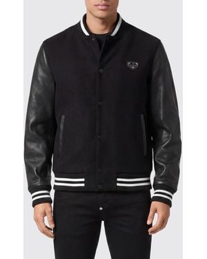 Philipp Plein Wool And Leather Varsity Bomber Jacket With Skull Embroidery And Rhinestones - Black
