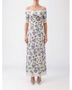 Rabanne Floral Print Long Dress With Lace Inserts On The Neckline - White