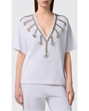 Philipp Plein V-Neck Cotton Jersey T-Shirt With Rhinestone Back Logo - White