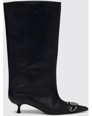 DIESEL D-Venus Calf-High Leather Boots With Oval D Logo And Stiletto Heel - Black