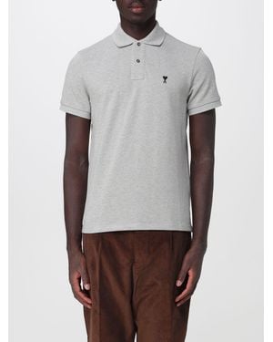 Ami Paris Cotton Short-Sleeved Polo Shirt With Embroidered Logo - Gray