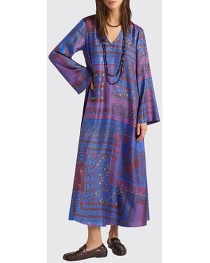 Momoní MomonÌ Túnica Midi Garcia De En Twill De Seda Con Estampado Étnico Y Mangas Kimono - Azul