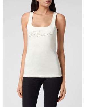 Philipp Plein Slim Fit Jersey Tank Top With Square Neck And Embroidered Logo - White