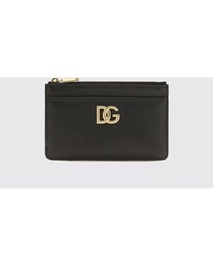 Dolce & Gabbana Dolce &Amp Gabbana Smooth Leather Card Holder With Dg Logo And Zip Pocket - Black