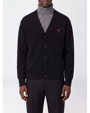 Ami Paris V-Neck Wool Cardigan With Contrast Embroidered Logo - Blue