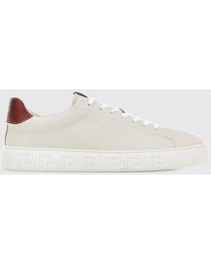 Versace Bicolor Low-Top Calfskin Leather Sneakers With Laminated Logo - White
