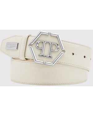 Philipp Plein Adjustable Grained Leather Belt With Hexagon Monogram Buckle - White
