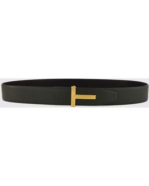 Tom Ford Grained Calfskin Leather Belt With T Monogram Buckle - White