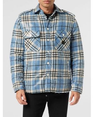 Philipp Plein Destroyed Tartan Check Shirt Jacket With Sequins - Blue