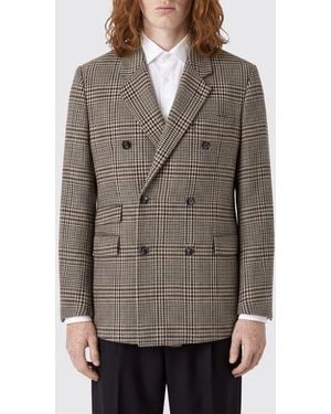 Emporio Armani Double-Breasted Virgin Wool Blazer With Houndstooth Pattern - Grey