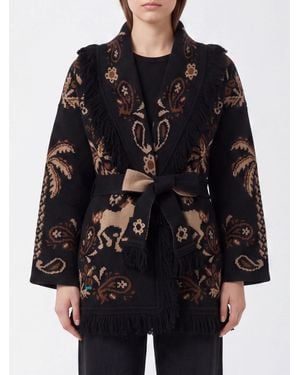 Alanui Jacquard Wool And Cashmere Blend Cardigan With Fringed Trim And Belt - Black
