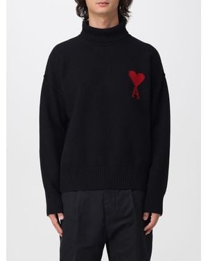 Ami Paris Wool Turtleneck Sweater With Jacquard Logo And Dropped Shoulders - Blue