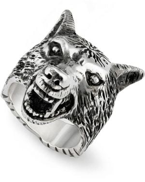 Gucci Anger Forest Wolf Head Ring In Silver - Metallic