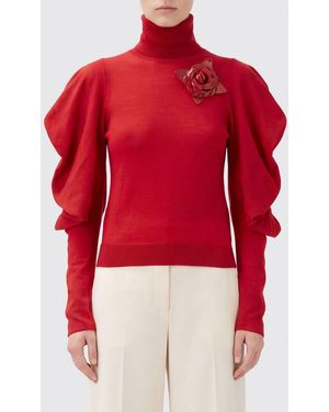 Blumarine Wool Turtleneck Jumper With Flower Appliqué And Puff Shoulders - Red