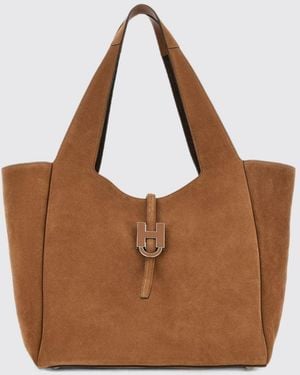 Hogan Suede Leather Shoulder Bag With H Logo And Internal Pouch - Brown