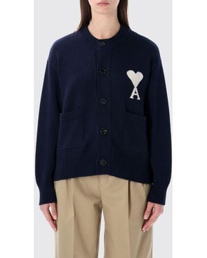 Ami Paris Woll-Baumwoll-Cardigan Mit Logo - Blau