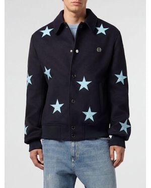 Philipp Plein Animalier And Star Print Wool Bomber Jacket - Blue