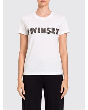 Twinset Cotton Blend T-Shirts With Rhinestone Logo - White