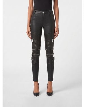 Philipp Plein Skinny Fit Leather Pants With Zips - Black