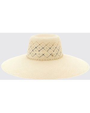 Maison Michel Blanche Perforated Raffia Hat With Faux Pearl And Metal Strap - Natural