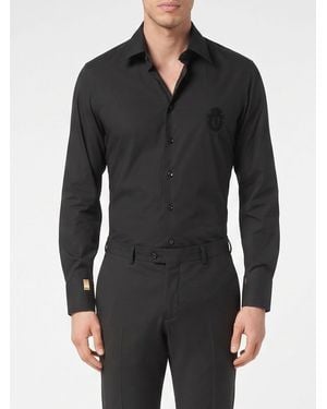 Billionaire Slim Fit Cotton Poplin Shirt With French Collar And Long Sleeves - Black