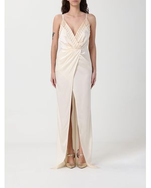 Elisabetta Franchi Long Satin Dress With Sequins - Natural