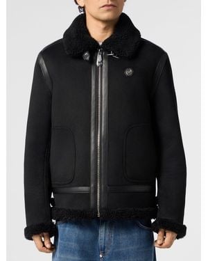 Philipp Plein Faux Suede Jacket With Fur Collar - Black