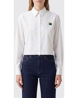 MSGM Cropped Cotton Shirt With Contrasting Embroidered Logo - White