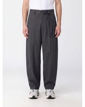 Sacai Wide-Leg Wool Blend Pants With Adjustable Waist Belt - Gray