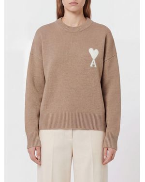 Ami Paris Wool And Alpaca Blend Jacquard Logo Crewneck Sweater - Natural