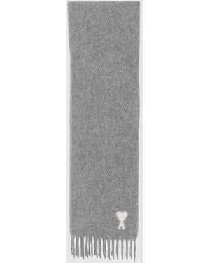 Ami Paris Bufanda De Mezcla De Lana De Alpaca Con Flecos Y Logo - Gris